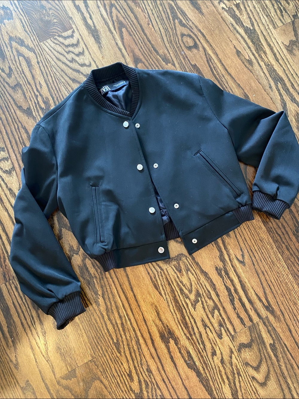 Zara Black Cropped Varsity Jacket with Snap Buttons
